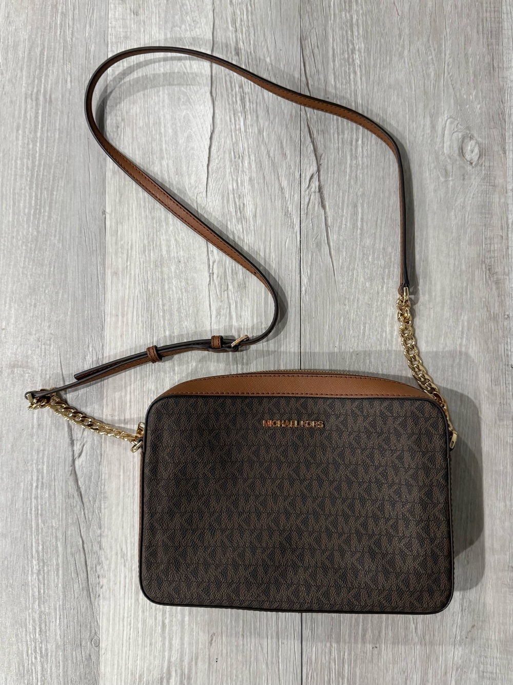 Michael Kors Brown and Tan Signature MK Crossbody with Gold Chain